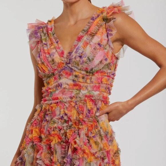 Mac Duggal NEW Multicolor Floral V-neck Sleeveless Ruffle Maxi Dress $598 Size 4 - Picture 1 of 14